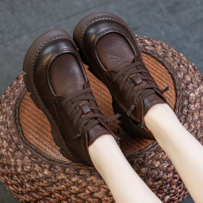 Women's Genuine Leather Ankle Boots Vintage Style Cowhide Short Boots Autumn 2024 New Collection Comfortable Thick Soft Sole Handmade British Fashion thumbnail 6