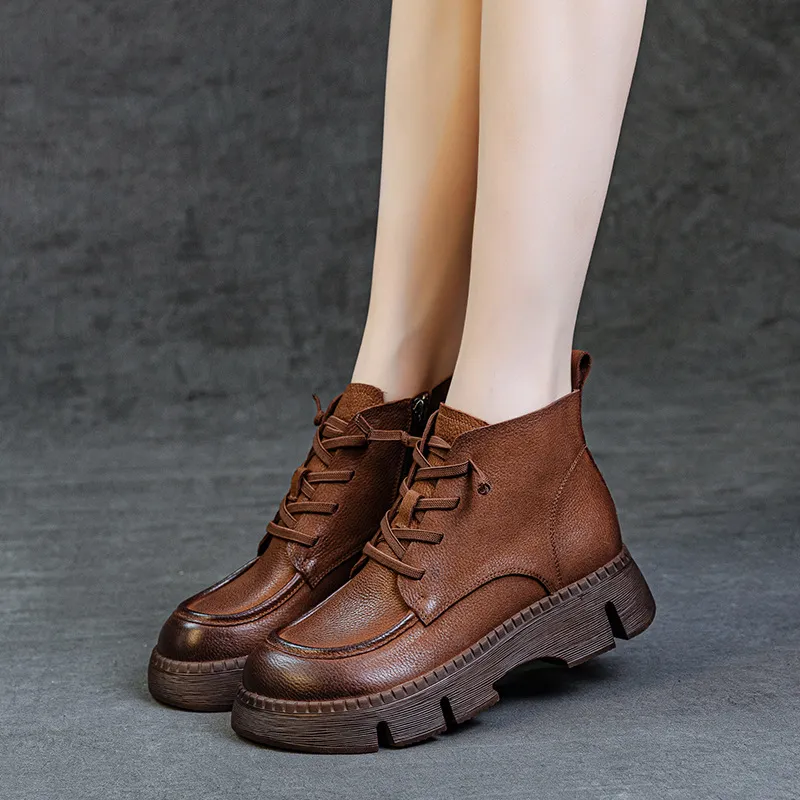 Women's Genuine Leather Ankle Boots Vintage Style Cowhide Short Boots Autumn 2024 New Collection Comfortable Thick Soft Sole Handmade British Fashion thumbnail 2