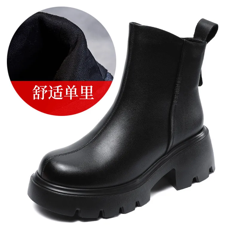 Women's Leather Ankle Boots Chunky Heel Platform British Style Martin Boots Brown Casual Winter Boots with Fleece Lining 2024 thumbnail 9