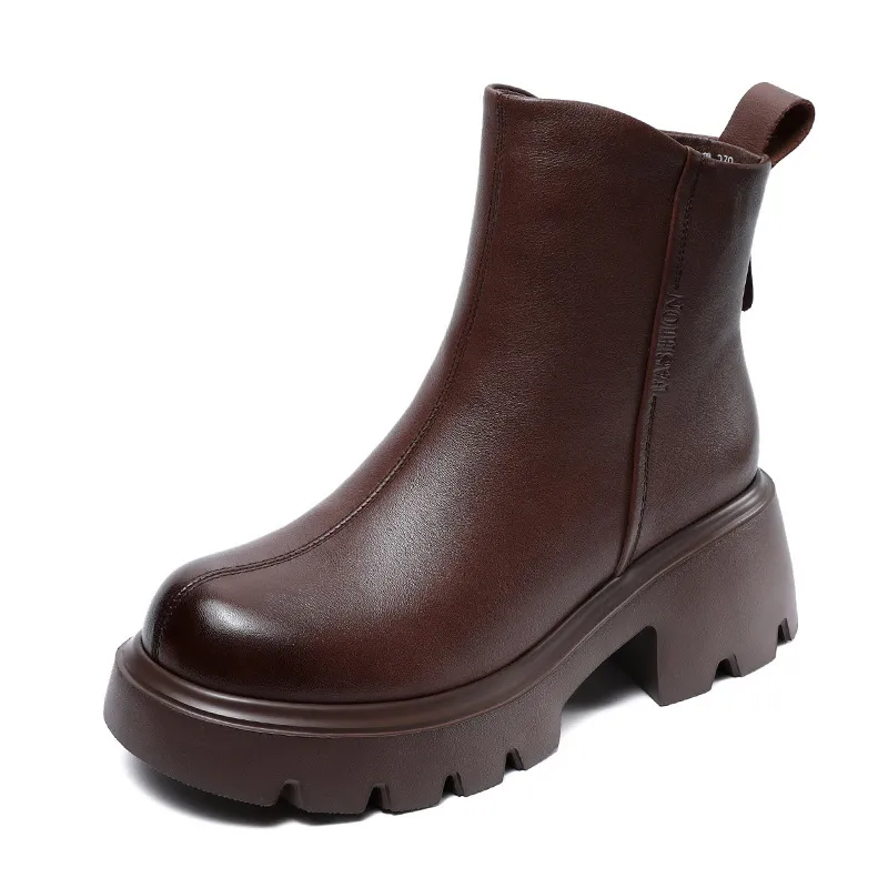 Women's Leather Ankle Boots Chunky Heel Platform British Style Martin Boots Brown Casual Winter Boots with Fleece Lining 2024 thumbnail 5