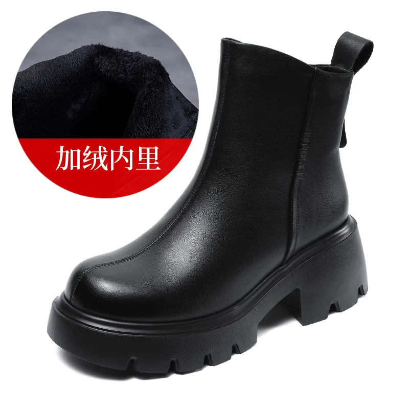 Women's Leather Ankle Boots Chunky Heel Platform British Style Martin Boots Brown Casual Winter Boots with Fleece Lining 2024 thumbnail 6