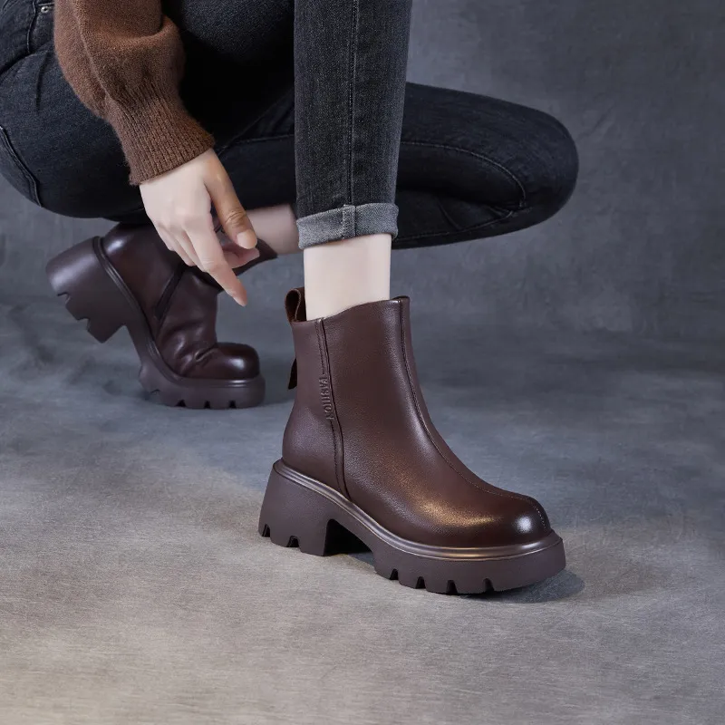 Women's Leather Ankle Boots Chunky Heel Platform British Style Martin Boots Brown Casual Winter Boots with Fleece Lining 2024 thumbnail 2