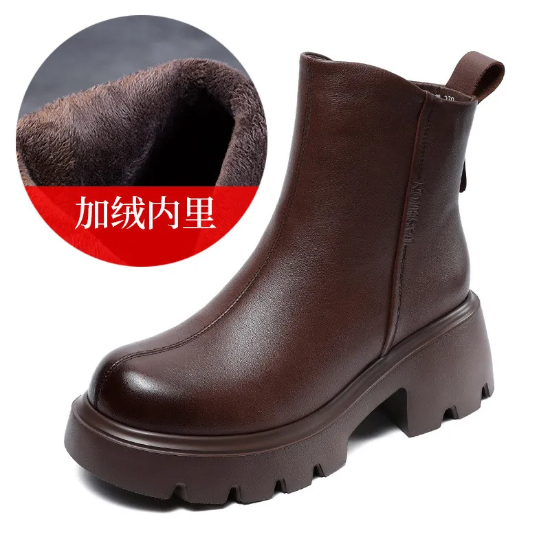 Women's Leather Ankle Boots Chunky Heel Platform British Style Martin Boots Brown Casual Winter Boots with Fleece Lining 2024 thumbnail 7