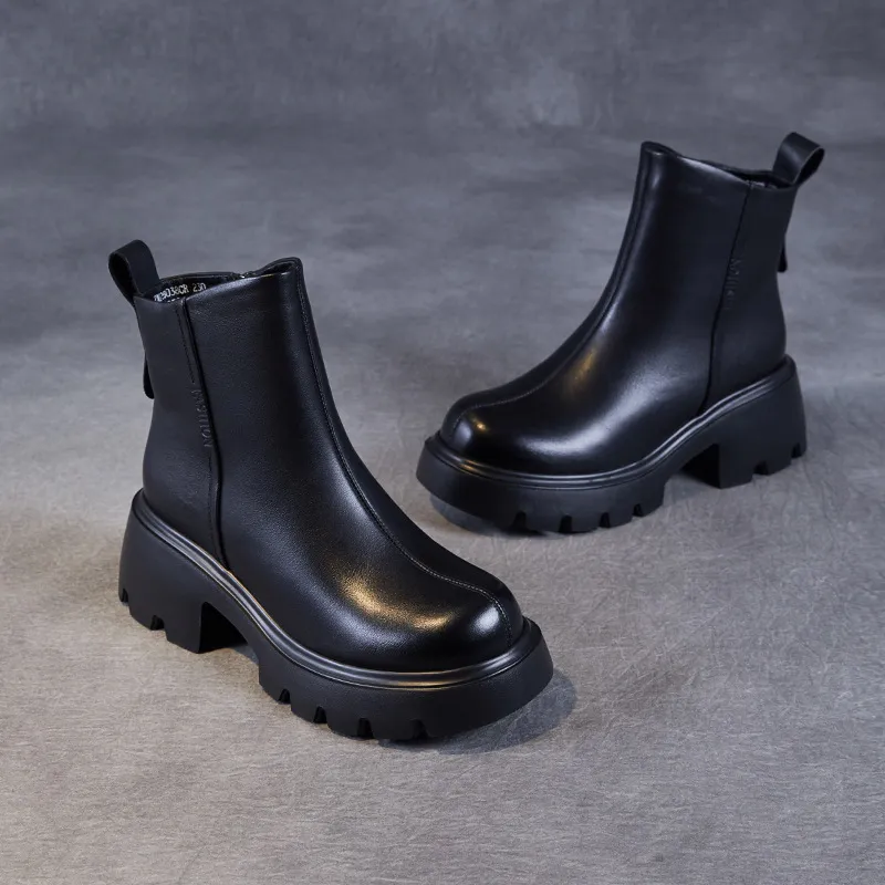 Women's Leather Ankle Boots Chunky Heel Platform British Style Martin Boots Brown Casual Winter Boots with Fleece Lining 2024 thumbnail 4