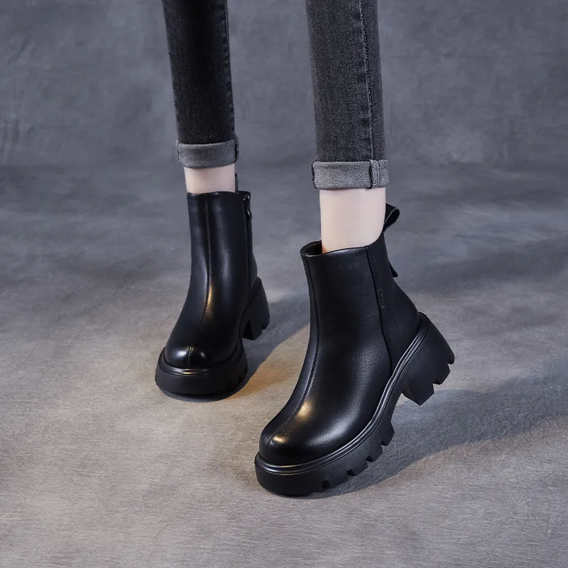 Women's Leather Ankle Boots Chunky Heel Platform British Style Martin Boots Brown Casual Winter Boots with Fleece Lining 2024 thumbnail 3