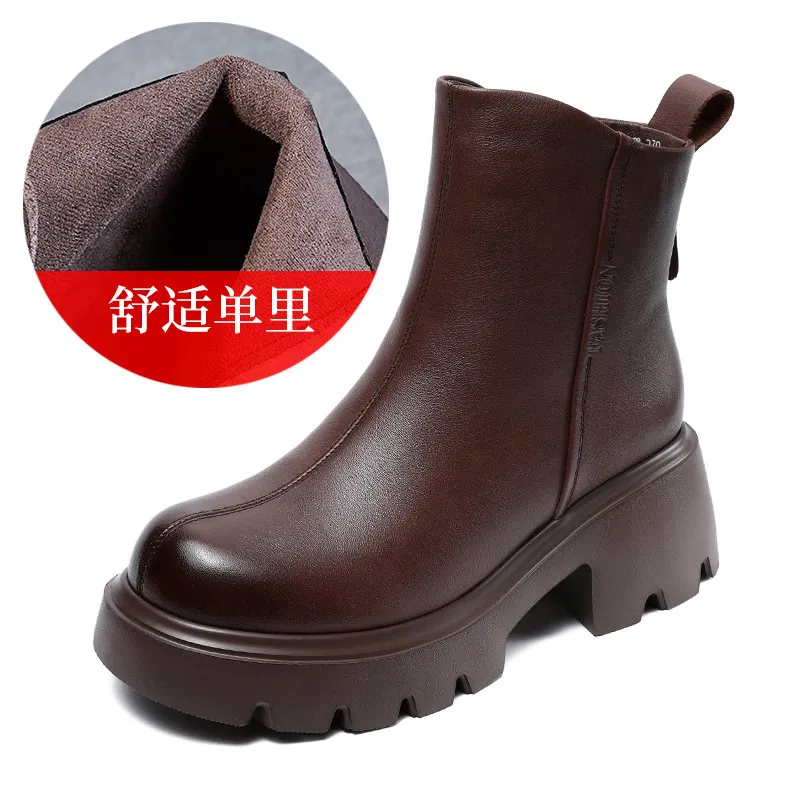 Women's Leather Ankle Boots Chunky Heel Platform British Style Martin Boots Brown Casual Winter Boots with Fleece Lining 2024 thumbnail 8