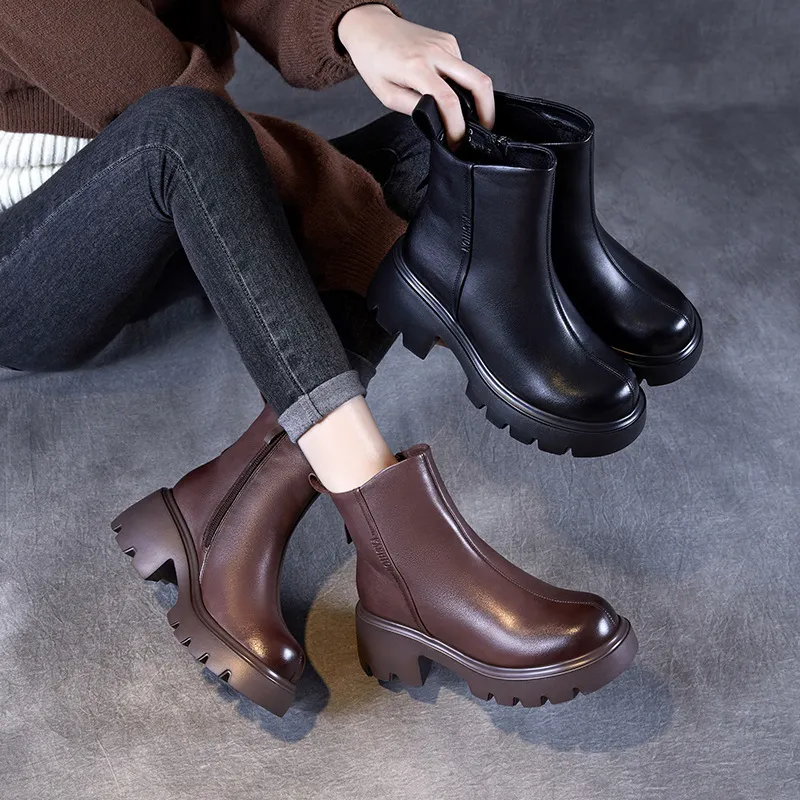 Women's Leather Ankle Boots Chunky Heel Platform British Style Martin Boots Brown Casual Winter Boots with Fleece Lining 2024 thumbnail 1