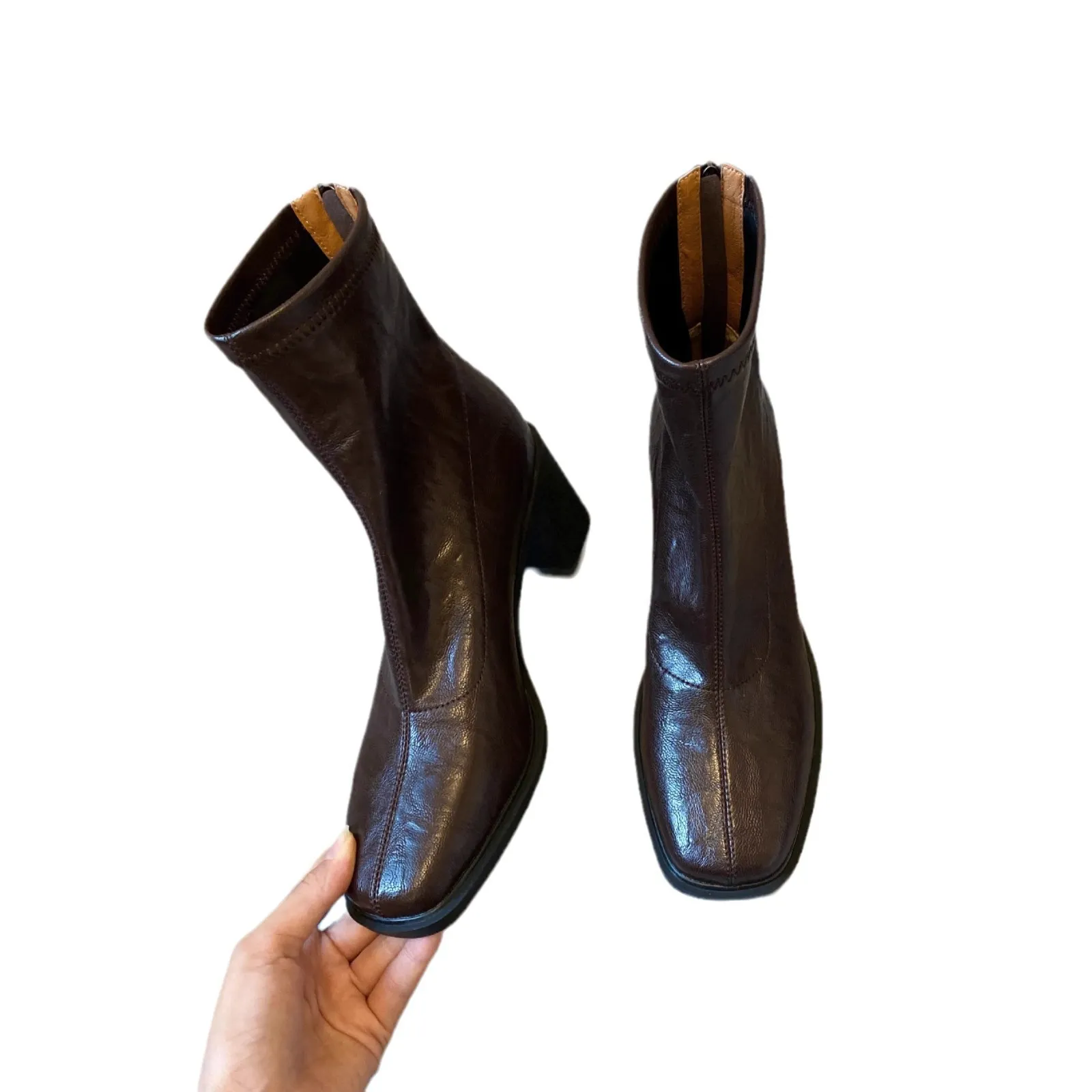 Women's Genuine Leather Ankle Boots Cowhide Thick Heel Square Toe British Style Pleated Black Elastic Slim Fit Autumn Winter Fashion Boots thumbnail 5