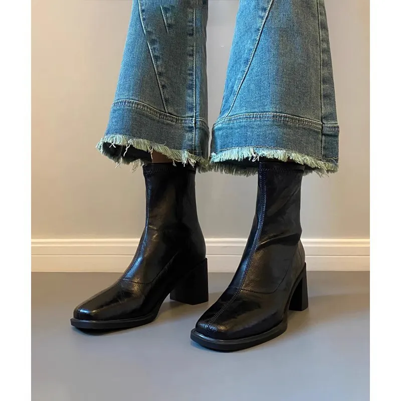 Women's Genuine Leather Ankle Boots Cowhide Thick Heel Square Toe British Style Pleated Black Elastic Slim Fit Autumn Winter Fashion Boots thumbnail 1