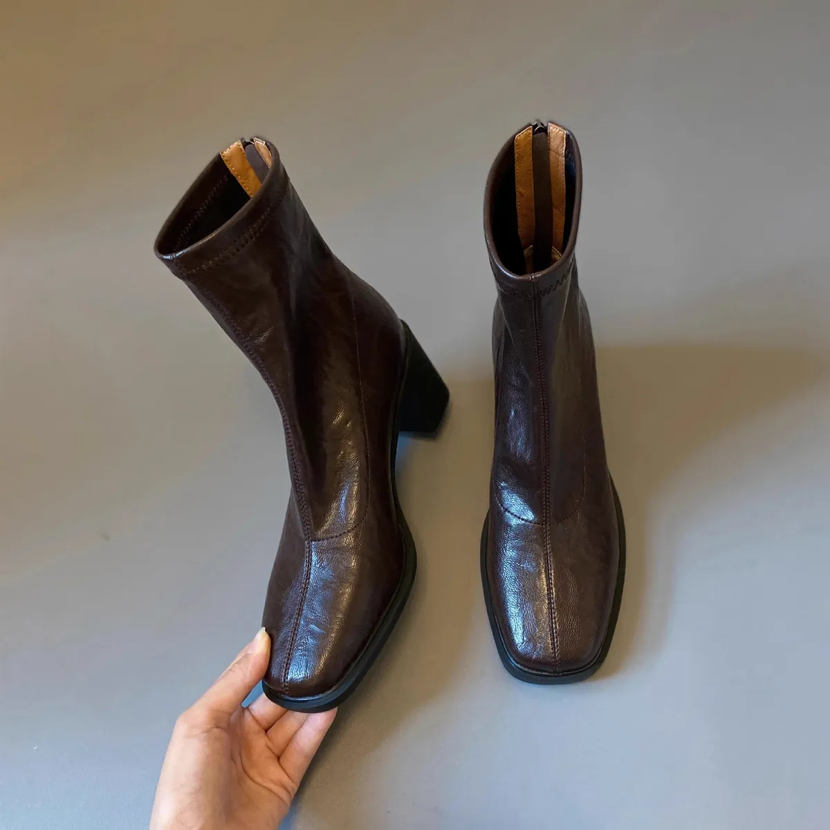 Women's Genuine Leather Ankle Boots Cowhide Thick Heel Square Toe British Style Pleated Black Elastic Slim Fit Autumn Winter Fashion Boots showcase 14