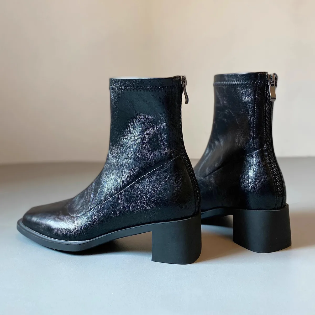 Women's Genuine Leather Ankle Boots Cowhide Thick Heel Square Toe British Style Pleated Black Elastic Slim Fit Autumn Winter Fashion Boots showcase 20