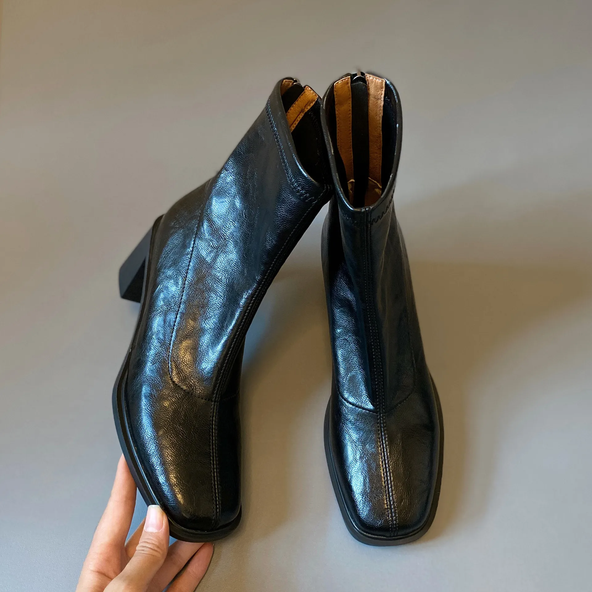Women's Genuine Leather Ankle Boots Cowhide Thick Heel Square Toe British Style Pleated Black Elastic Slim Fit Autumn Winter Fashion Boots thumbnail 8