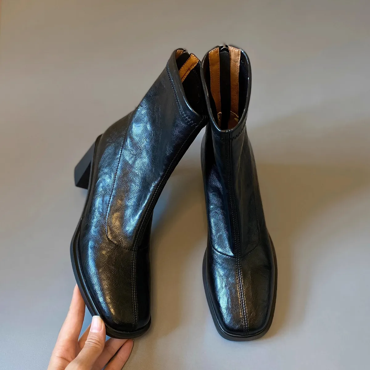 Women's Genuine Leather Ankle Boots Cowhide Thick Heel Square Toe British Style Pleated Black Elastic Slim Fit Autumn Winter Fashion Boots showcase 12