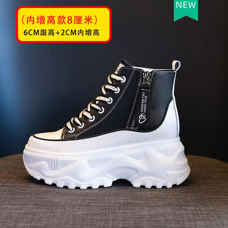 Women's Genuine Leather Martin Boots - Korean Style High-Top White Ankle Boots with Inner Height Increase & Thick Sole - Spring/Autumn Fashion thumbnail 6