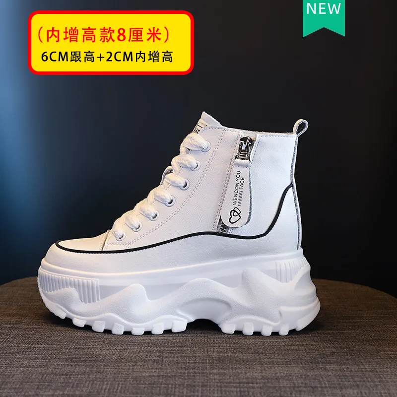 Women's Genuine Leather Martin Boots - Korean Style High-Top White Ankle Boots with Inner Height Increase & Thick Sole - Spring/Autumn Fashion thumbnail 7