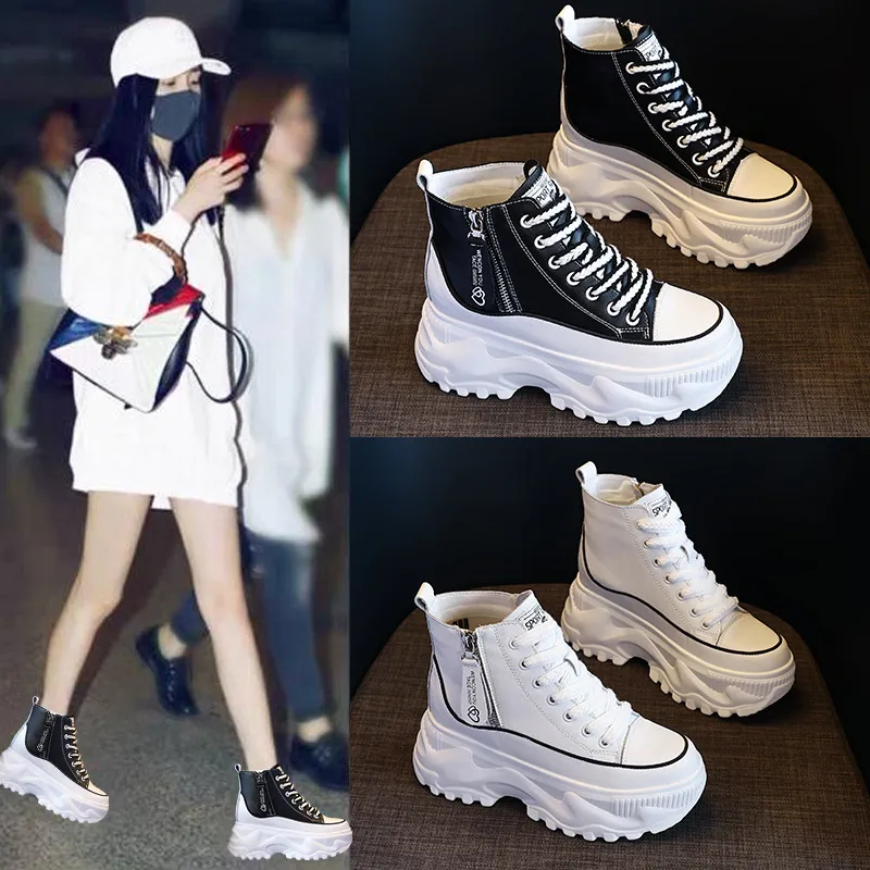 Women's Genuine Leather Martin Boots - Korean Style High-Top White Ankle Boots with Inner Height Increase & Thick Sole - Spring/Autumn Fashion thumbnail 1