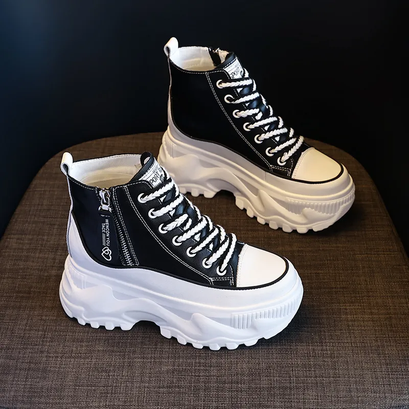 Women's Genuine Leather Martin Boots - Korean Style High-Top White Ankle Boots with Inner Height Increase & Thick Sole - Spring/Autumn Fashion thumbnail 2