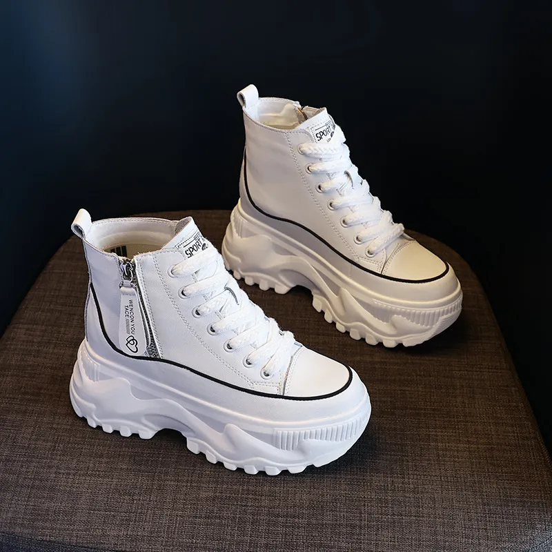 Women's Genuine Leather Martin Boots - Korean Style High-Top White Ankle Boots with Inner Height Increase & Thick Sole - Spring/Autumn Fashion thumbnail 3