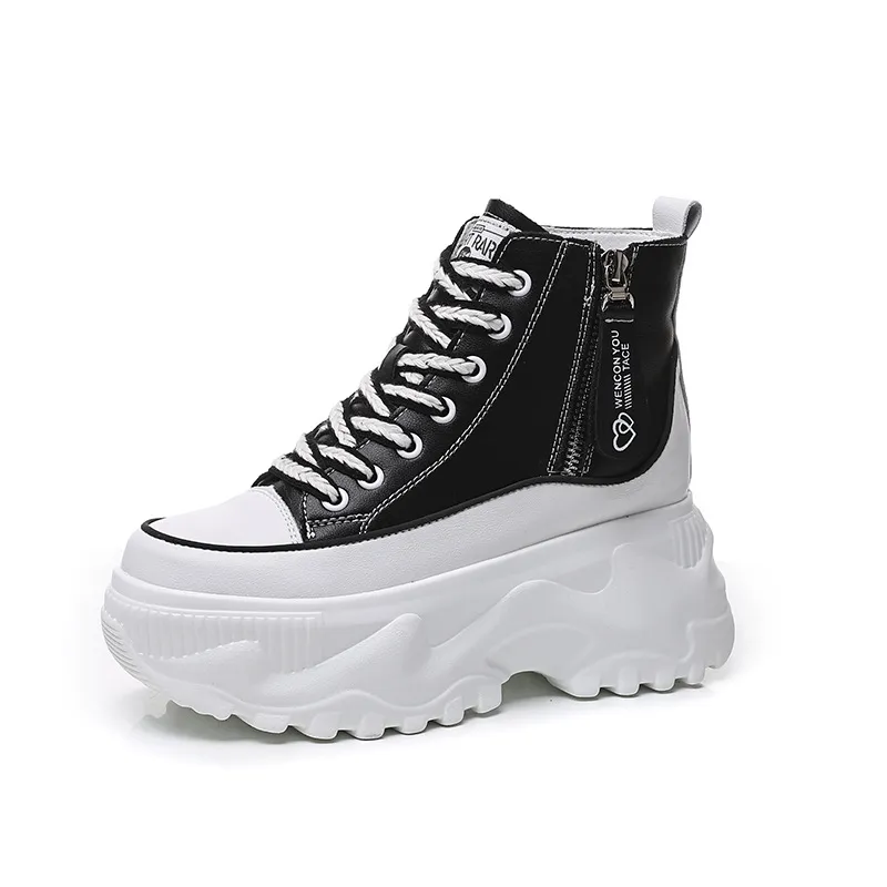 Women's Genuine Leather Martin Boots - Korean Style High-Top White Ankle Boots with Inner Height Increase & Thick Sole - Spring/Autumn Fashion thumbnail 5