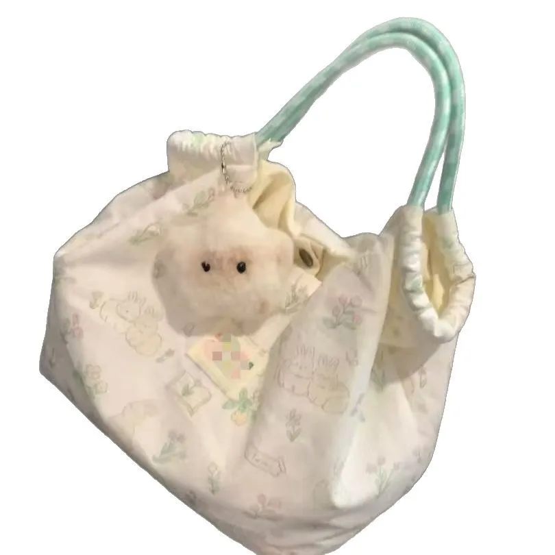 Cute Rabbit Print Canvas Shoulder Bag for Women, Korean Style Large Capacity Handbag, Student Casual Tote Bag, New Arrival thumbnail 5