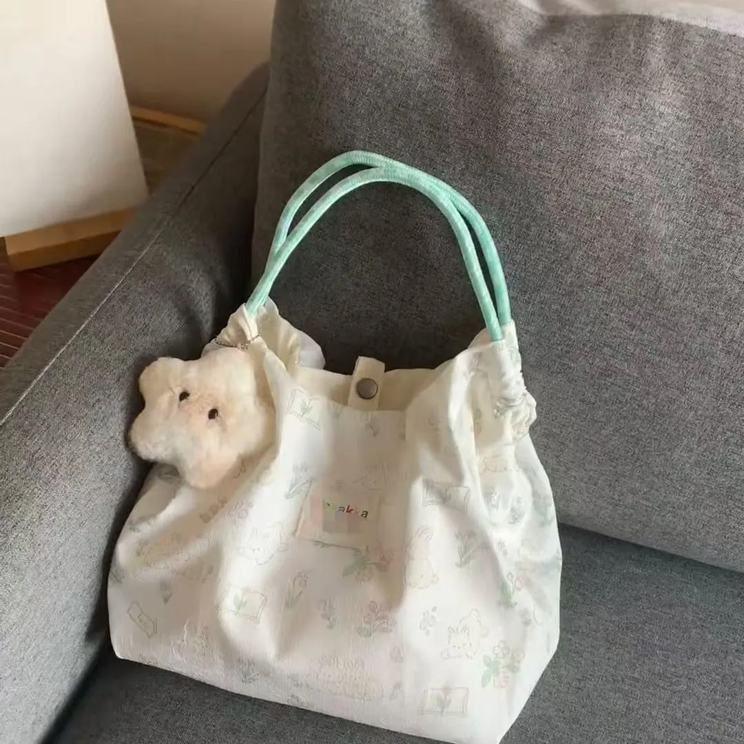 Cute Rabbit Print Canvas Shoulder Bag for Women, Korean Style Large Capacity Handbag, Student Casual Tote Bag, New Arrival thumbnail 2