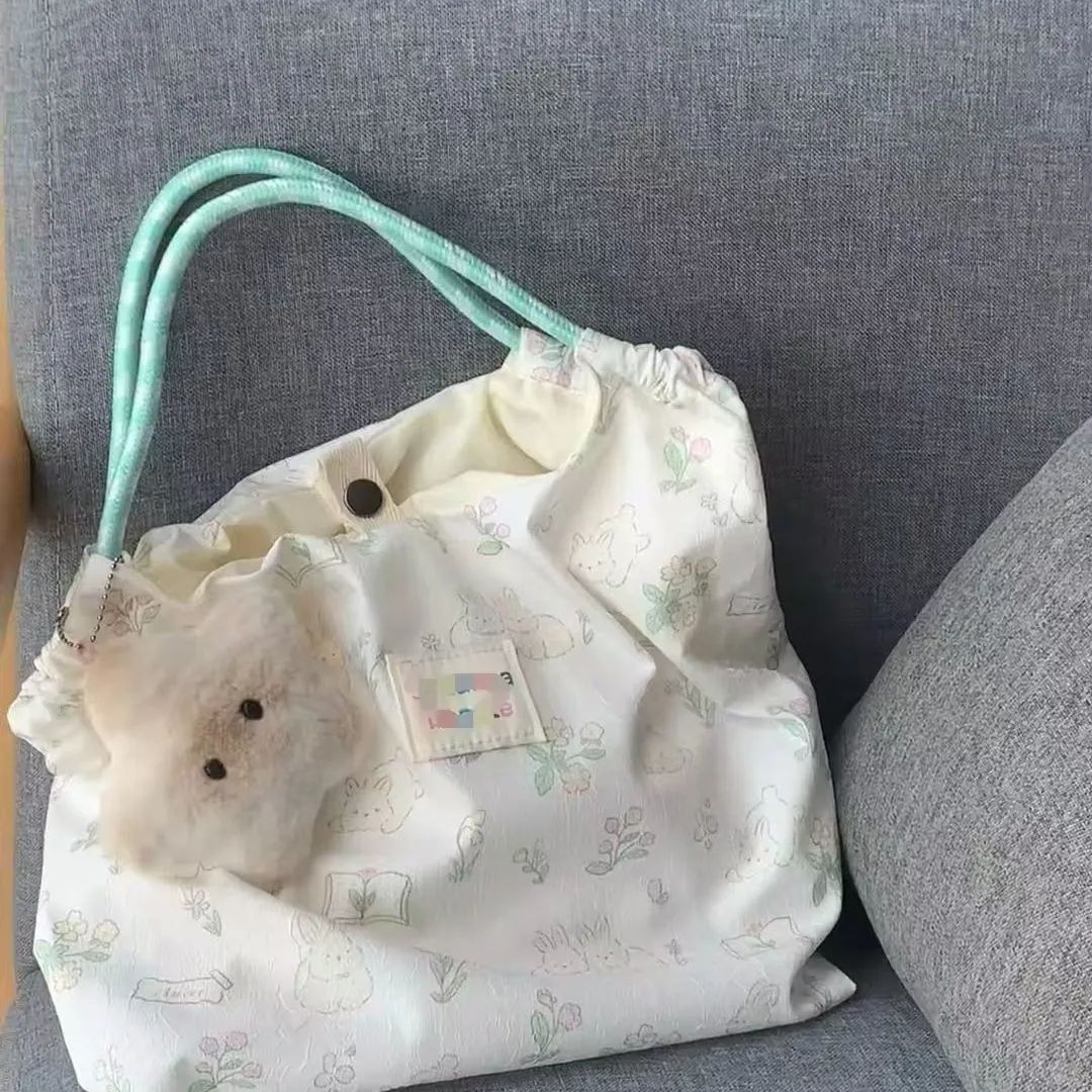 Cute Rabbit Print Canvas Shoulder Bag for Women, Korean Style Large Capacity Handbag, Student Casual Tote Bag, New Arrival thumbnail 3