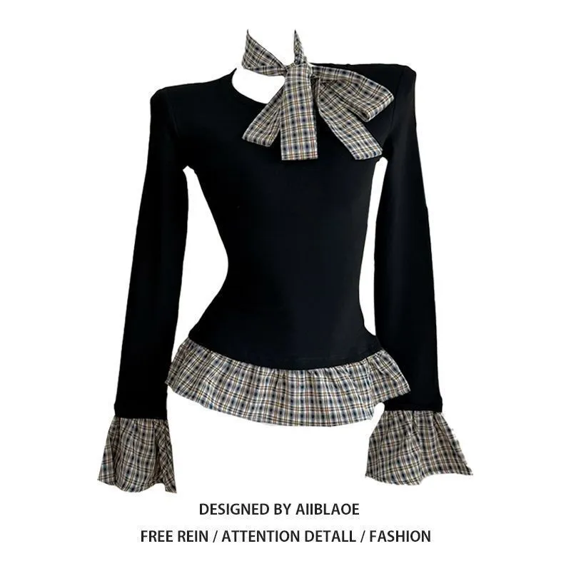 Women's Korean Style Plaid Patchwork Long Sleeve T-Shirt | Slim Fit Two-Piece Look Trendy Top for Spring & Fall Fashion thumbnail 7