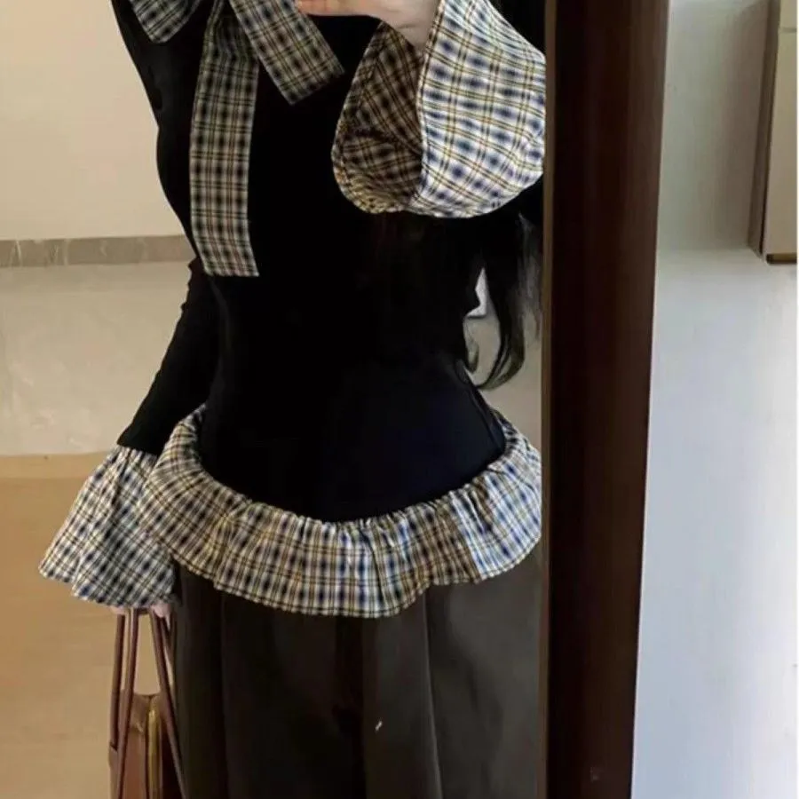 Women's Korean Style Plaid Patchwork Long Sleeve T-Shirt | Slim Fit Two-Piece Look Trendy Top for Spring & Fall Fashion thumbnail 4