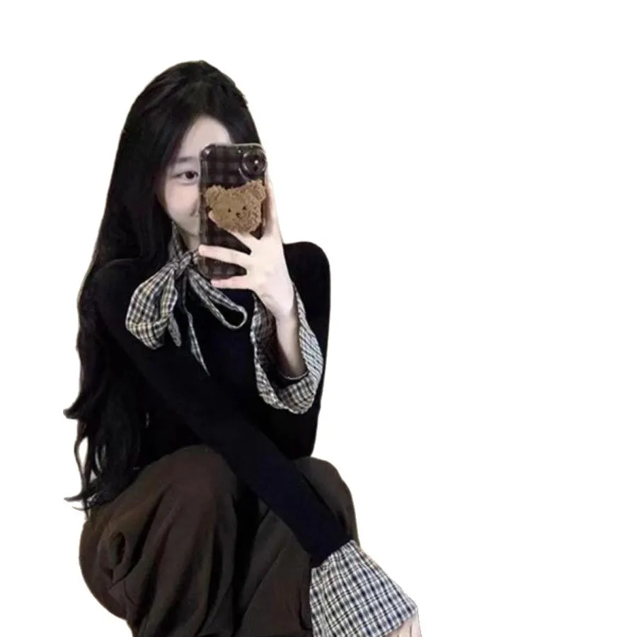 Women's Korean Style Plaid Patchwork Long Sleeve T-Shirt | Slim Fit Two-Piece Look Trendy Top for Spring & Fall Fashion thumbnail 5