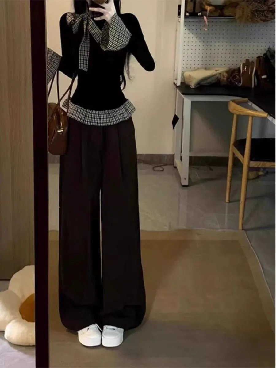 Women's Korean Style Plaid Patchwork Long Sleeve T-Shirt | Slim Fit Two-Piece Look Trendy Top for Spring & Fall Fashion showcase 8