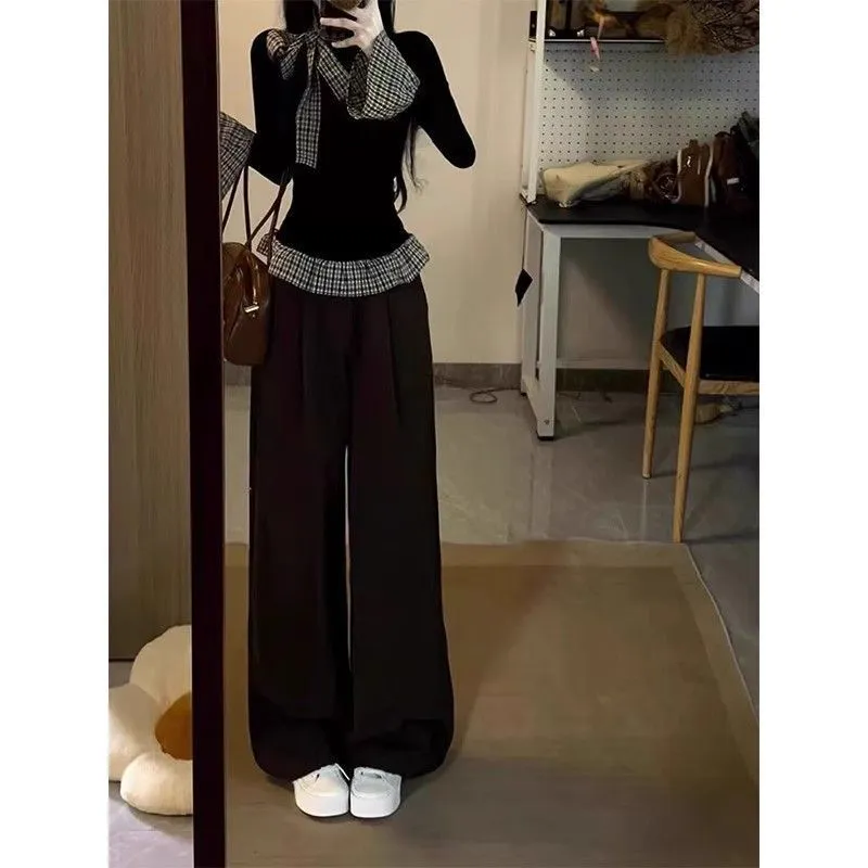 Women's Korean Style Plaid Patchwork Long Sleeve T-Shirt | Slim Fit Two-Piece Look Trendy Top for Spring & Fall Fashion thumbnail 2