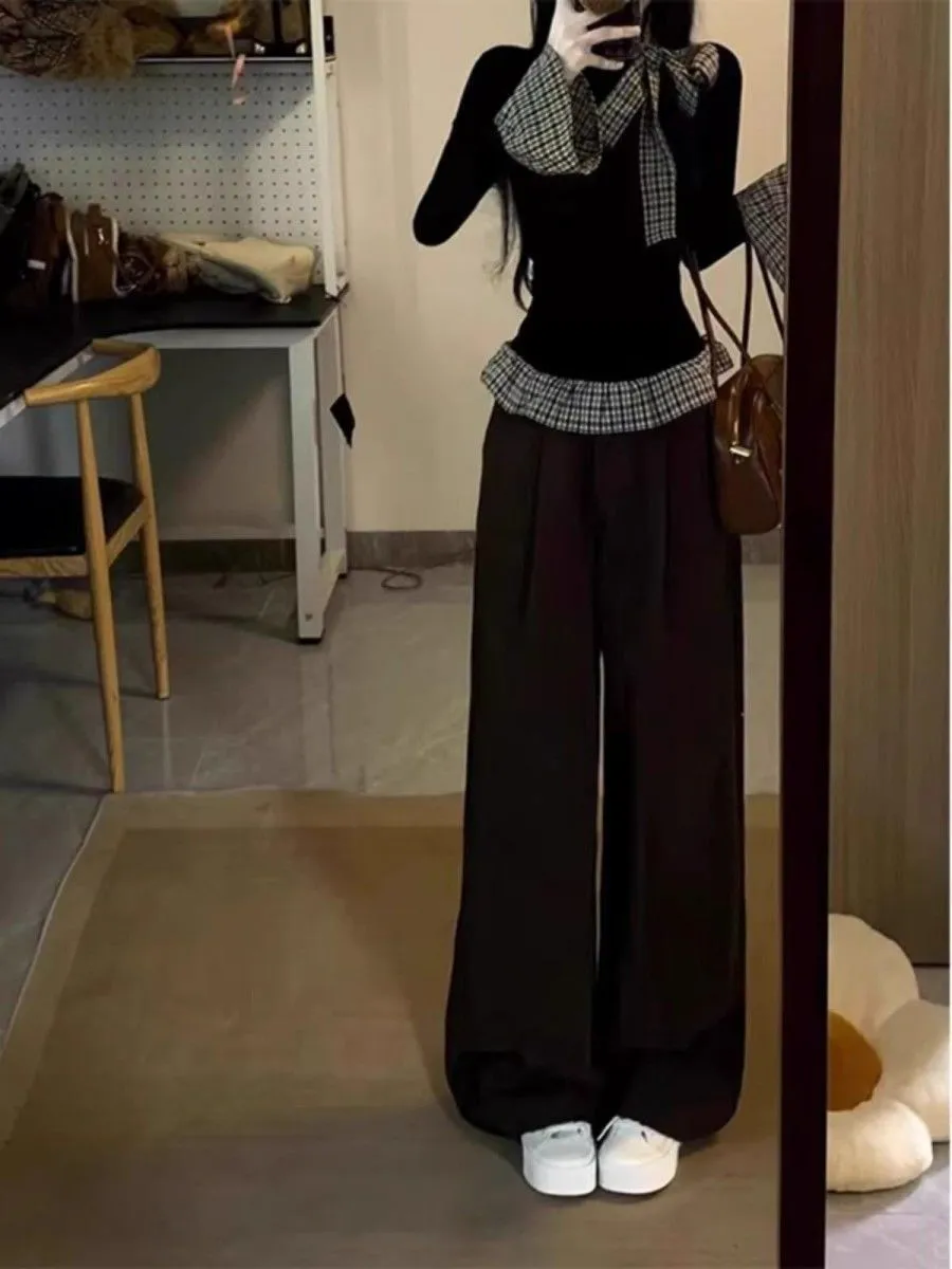 Women's Korean Style Plaid Patchwork Long Sleeve T-Shirt | Slim Fit Two-Piece Look Trendy Top for Spring & Fall Fashion showcase 9