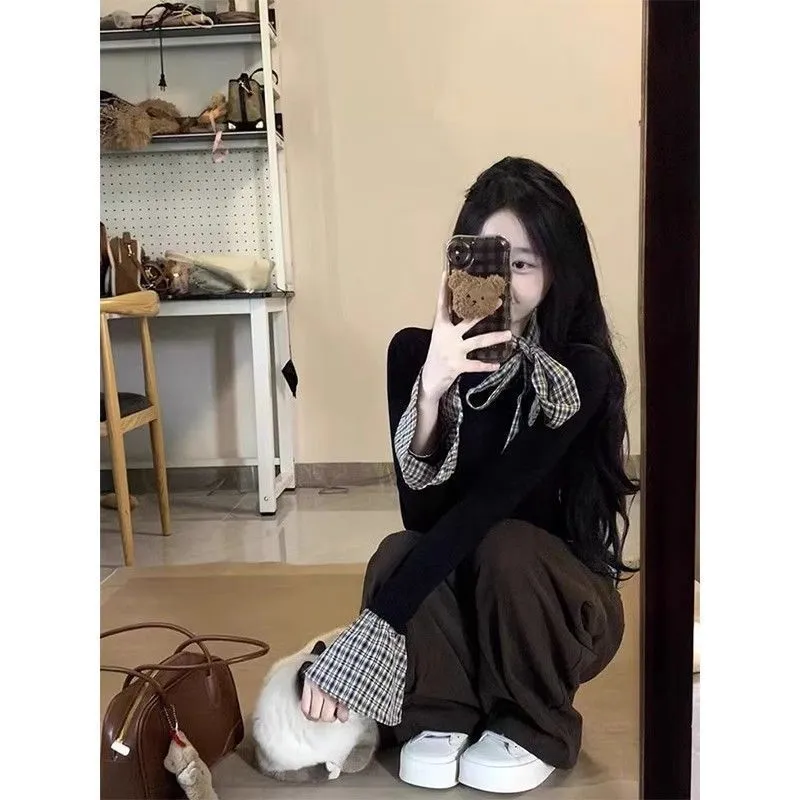 Women's Korean Style Plaid Patchwork Long Sleeve T-Shirt | Slim Fit Two-Piece Look Trendy Top for Spring & Fall Fashion showcase 4