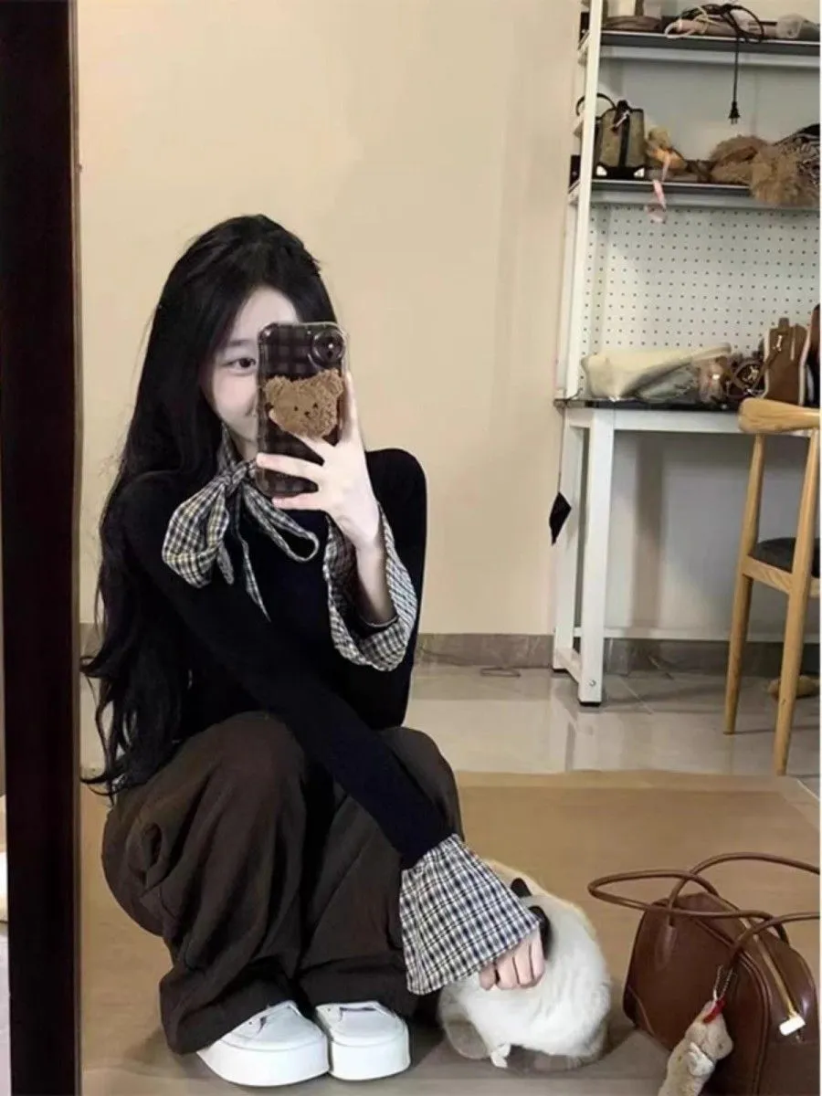 Women's Korean Style Plaid Patchwork Long Sleeve T-Shirt | Slim Fit Two-Piece Look Trendy Top for Spring & Fall Fashion showcase 6