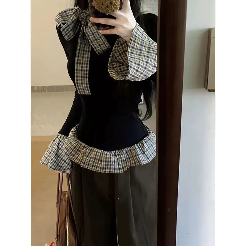 Women's Korean Style Plaid Patchwork Long Sleeve T-Shirt | Slim Fit Two-Piece Look Trendy Top for Spring & Fall Fashion showcase 11