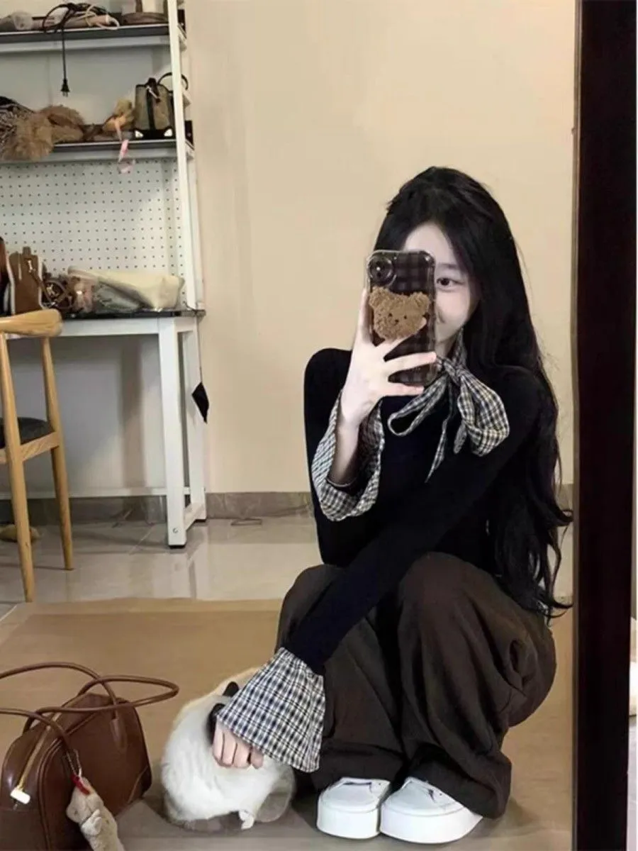Women's Korean Style Plaid Patchwork Long Sleeve T-Shirt | Slim Fit Two-Piece Look Trendy Top for Spring & Fall Fashion showcase 7