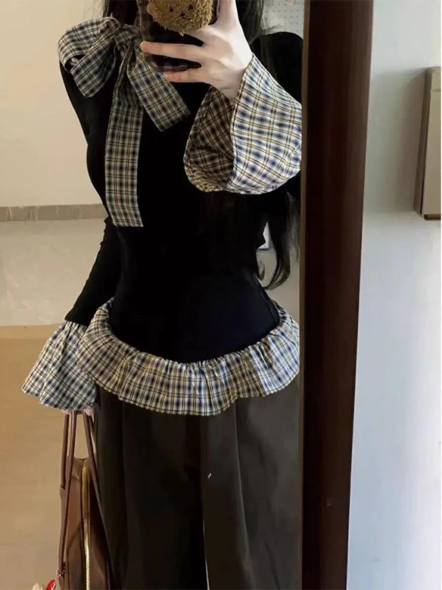 Women's Korean Style Plaid Patchwork Long Sleeve T-Shirt | Slim Fit Two-Piece Look Trendy Top for Spring & Fall Fashion showcase 5