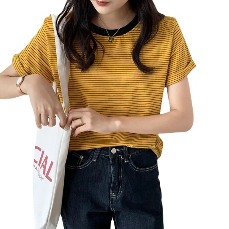Women's Striped T-Shirt - Short Sleeve Summer Top, Round Neck, Loose Fit, Casual Chic Style for Students & Everyday Wear thumbnail 5