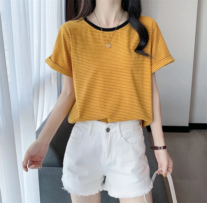 Women's Striped T-Shirt - Short Sleeve Summer Top, Round Neck, Loose Fit, Casual Chic Style for Students & Everyday Wear thumbnail 6