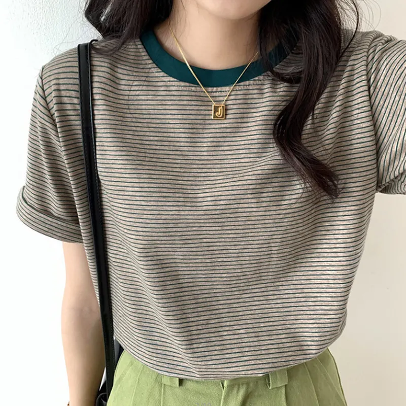 Women's Striped T-Shirt - Short Sleeve Summer Top, Round Neck, Loose Fit, Casual Chic Style for Students & Everyday Wear thumbnail 1