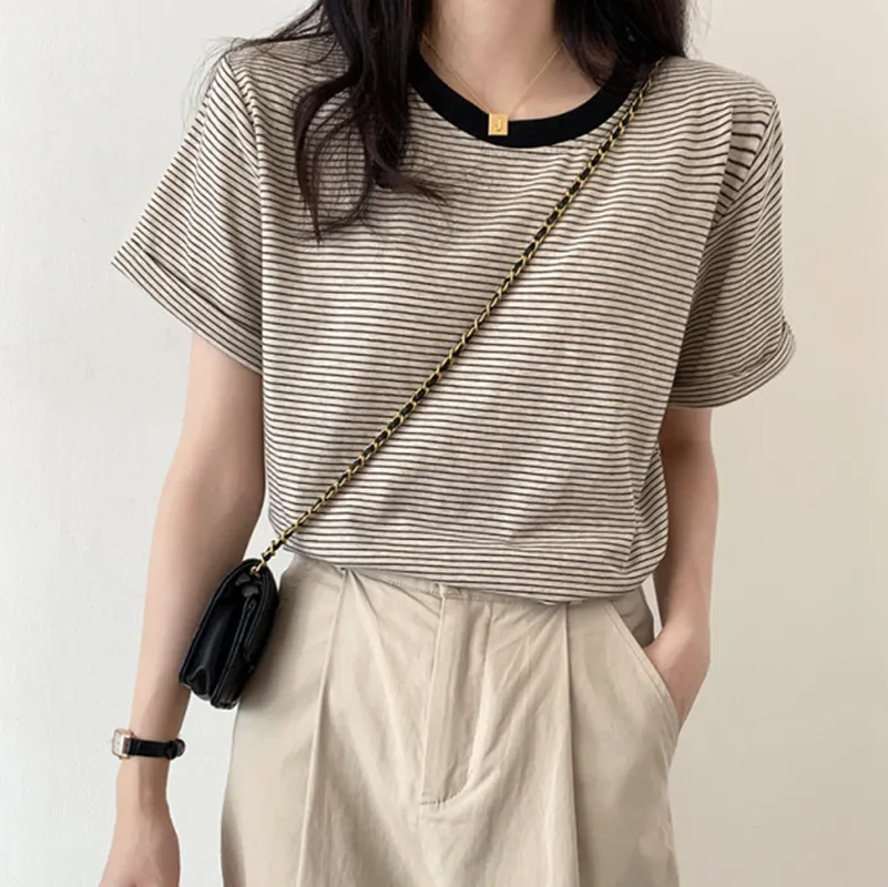 Women's Striped T-Shirt - Short Sleeve Summer Top, Round Neck, Loose Fit, Casual Chic Style for Students & Everyday Wear thumbnail 2