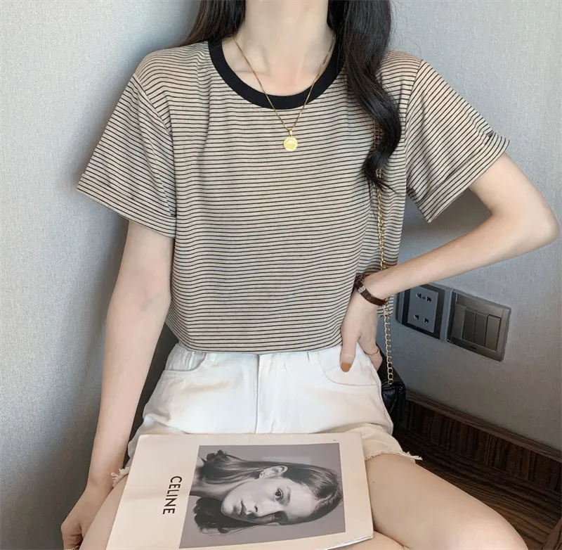 Women's Striped T-Shirt - Short Sleeve Summer Top, Round Neck, Loose Fit, Casual Chic Style for Students & Everyday Wear thumbnail 8