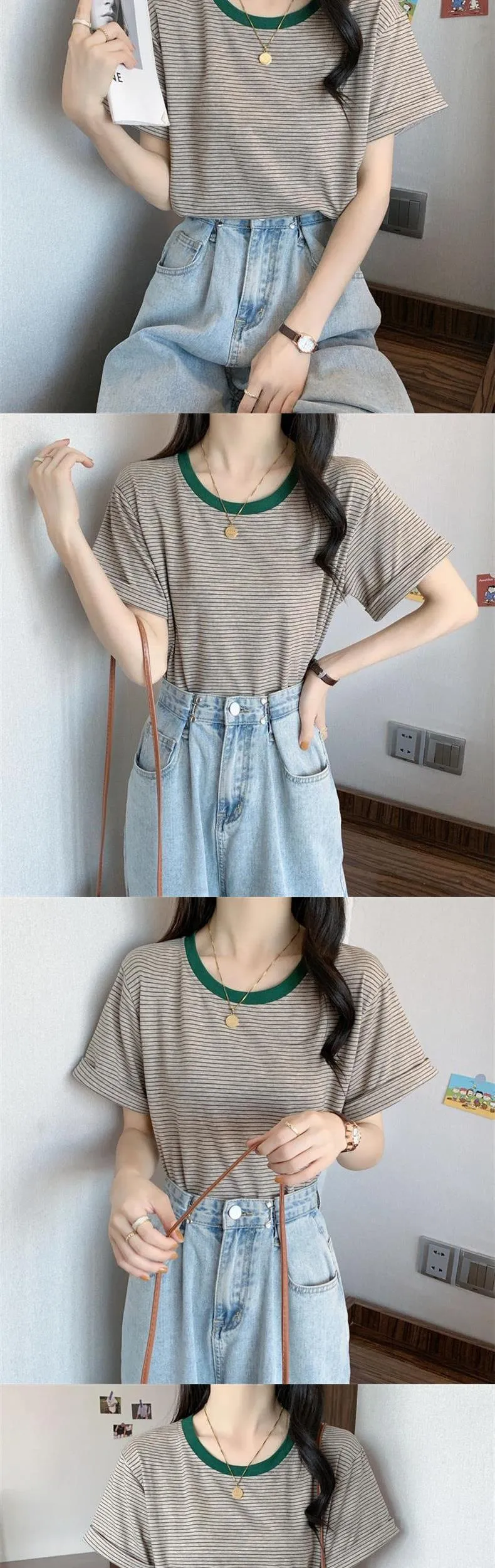 Women's Striped T-Shirt - Short Sleeve Summer Top, Round Neck, Loose Fit, Casual Chic Style for Students & Everyday Wear showcase 2