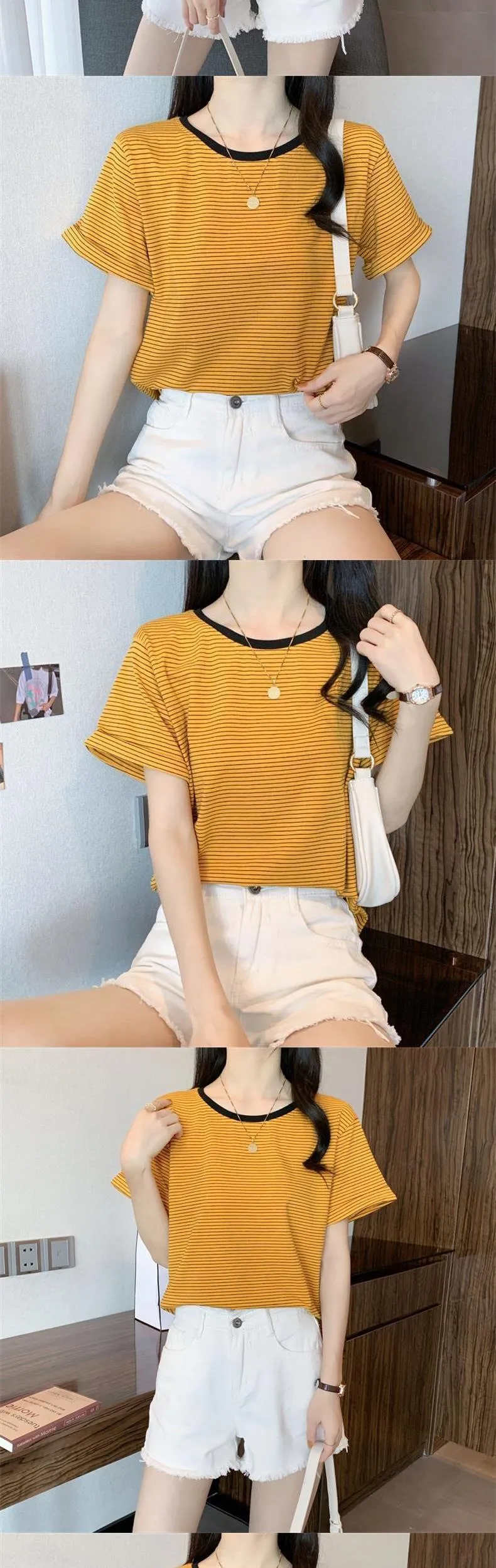 Women's Striped T-Shirt - Short Sleeve Summer Top, Round Neck, Loose Fit, Casual Chic Style for Students & Everyday Wear showcase 5