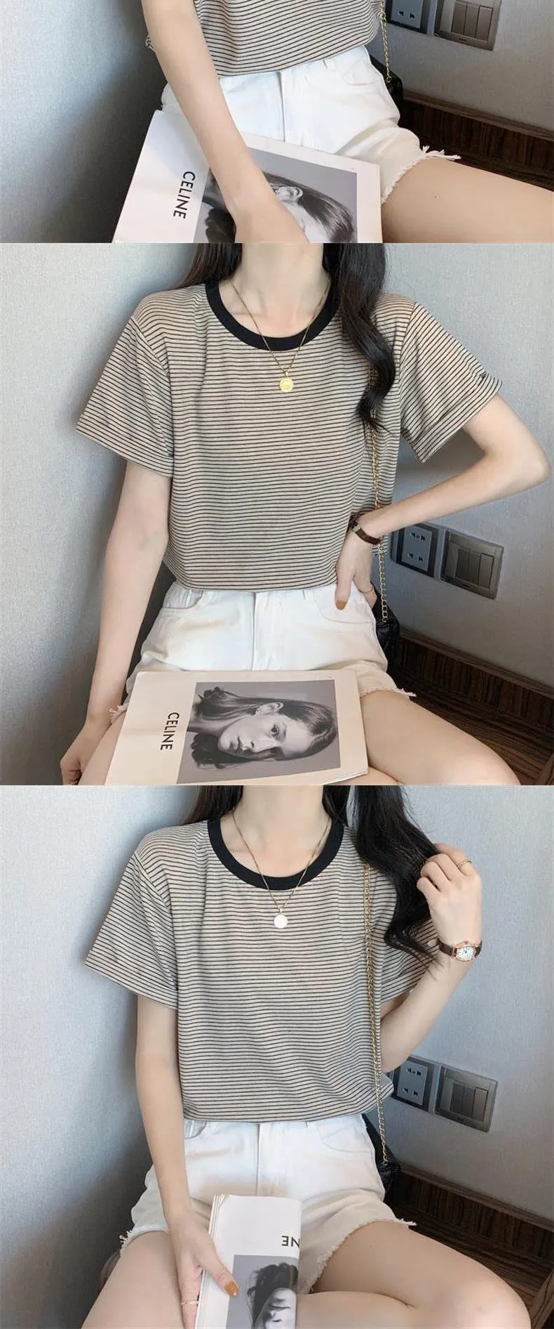 Women's Striped T-Shirt - Short Sleeve Summer Top, Round Neck, Loose Fit, Casual Chic Style for Students & Everyday Wear showcase 8