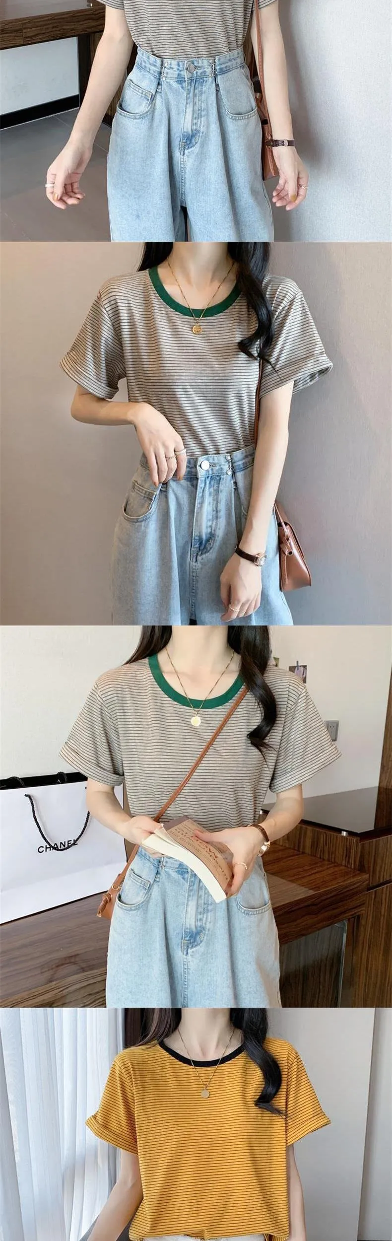Women's Striped T-Shirt - Short Sleeve Summer Top, Round Neck, Loose Fit, Casual Chic Style for Students & Everyday Wear showcase 3