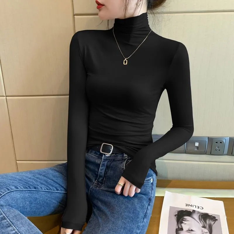 Women's Modal Turtleneck Long Sleeve T-Shirt - Stylish Slim Fit Base Layer Top for Spring, Autumn, Winter - Elegant Black Inner Wear 2023 thumbnail 7