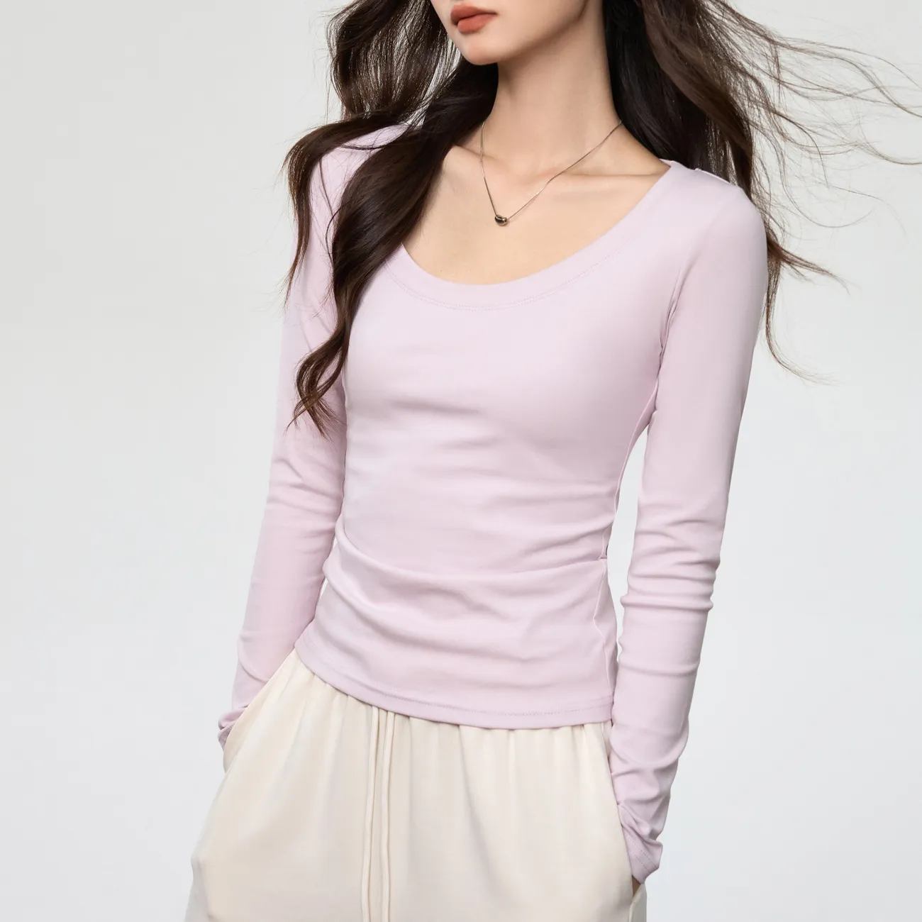 Women's Combed Cotton Long Sleeve T-Shirt - U-Neck Slim Fit Versatile Top for Autumn, Simple Solid Color Undershirt thumbnail 1
