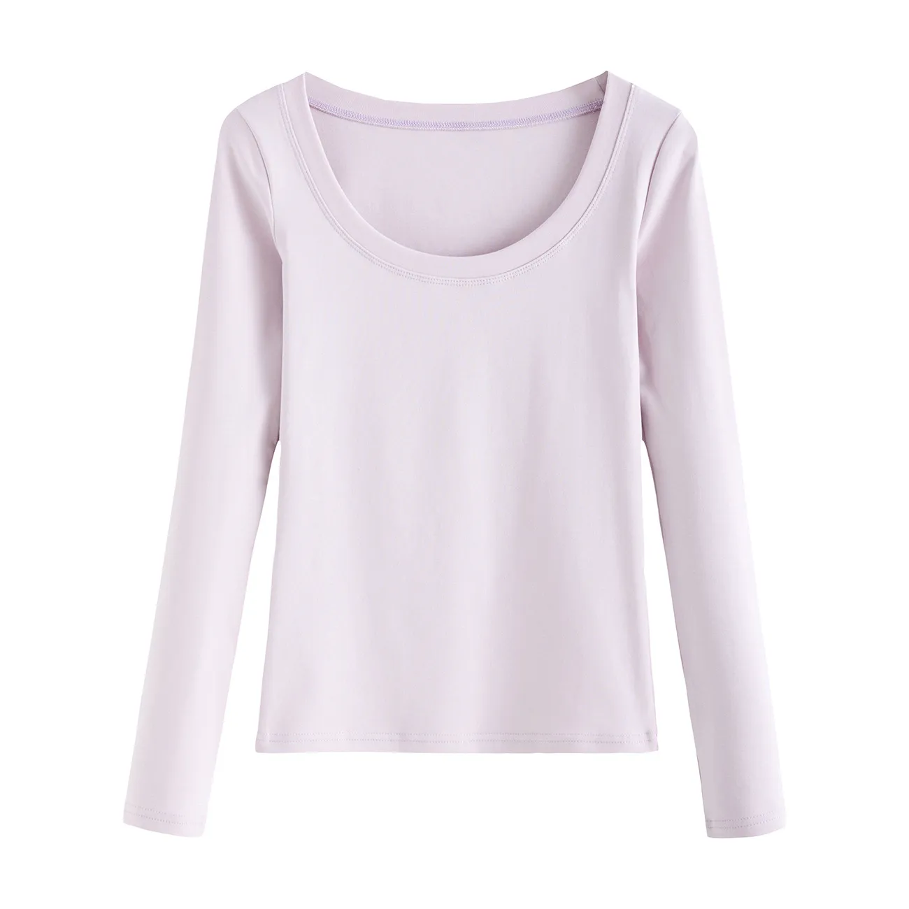 Women's Combed Cotton Long Sleeve T-Shirt - U-Neck Slim Fit Versatile Top for Autumn, Simple Solid Color Undershirt thumbnail 5