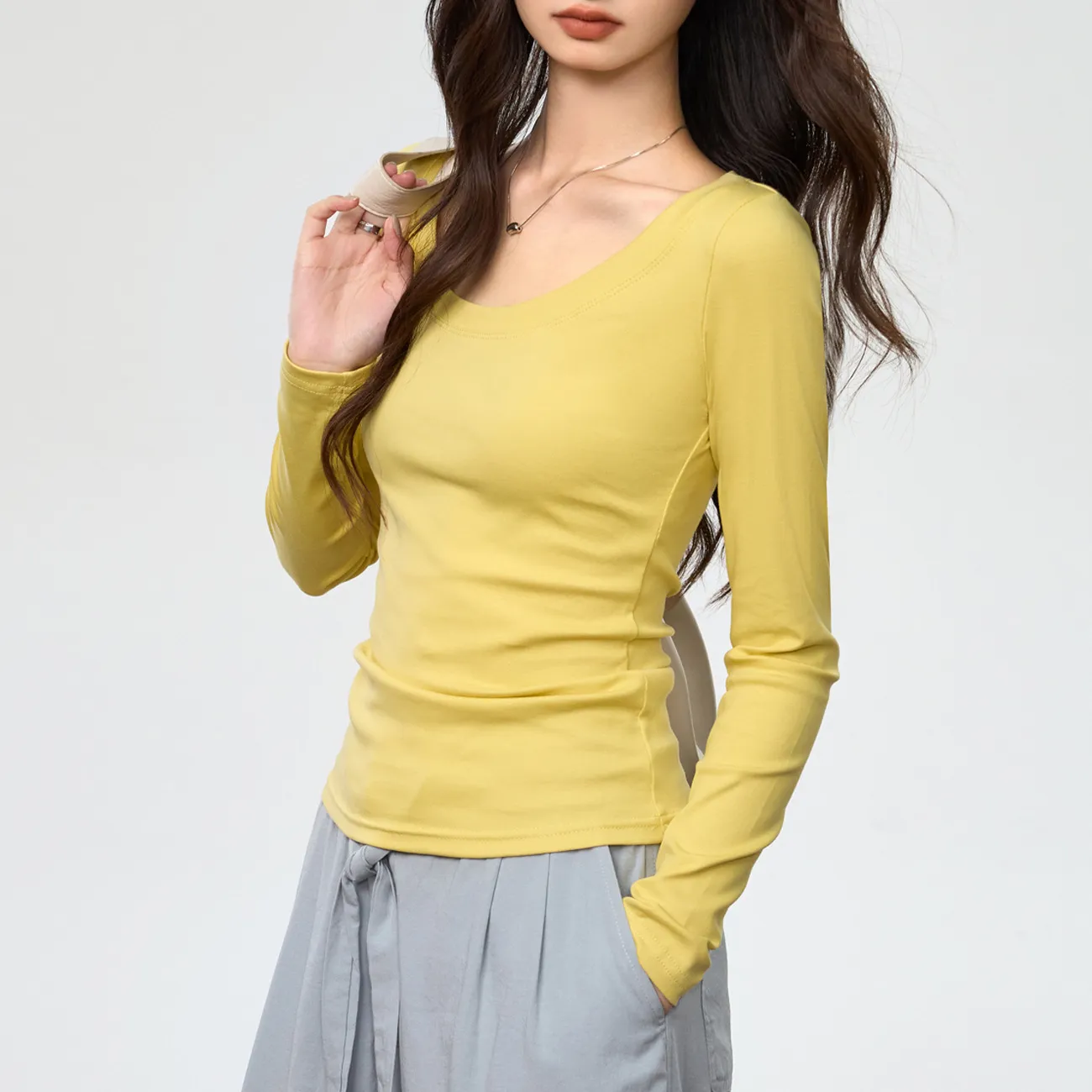 Women's Combed Cotton Long Sleeve T-Shirt - U-Neck Slim Fit Versatile Top for Autumn, Simple Solid Color Undershirt thumbnail 10